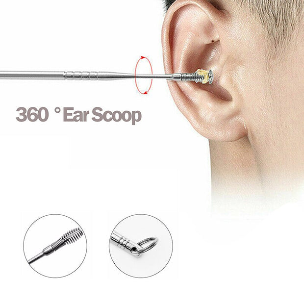 360° Ear Scoop Portable Spiral Stainless Steel Earpick Curette Ear Wax Remover Spring Ear Clean