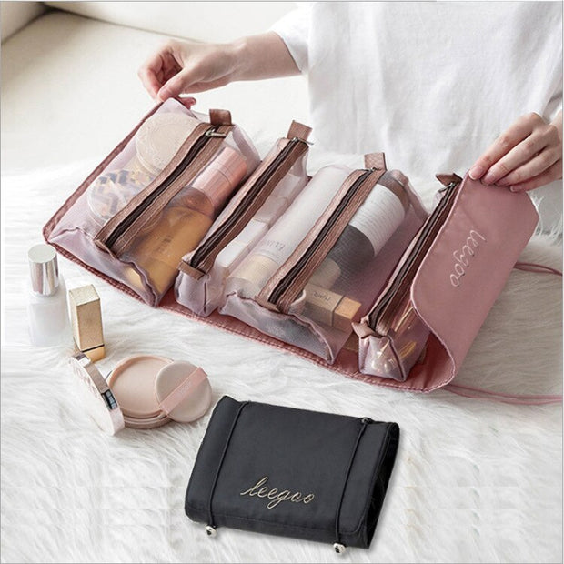 4PCS /set Folding Cosmetic Bag for Women Mesh Separable Rolling Pouch Ladies Foldable Nylon Bag Rope Makeup Organizers Portable